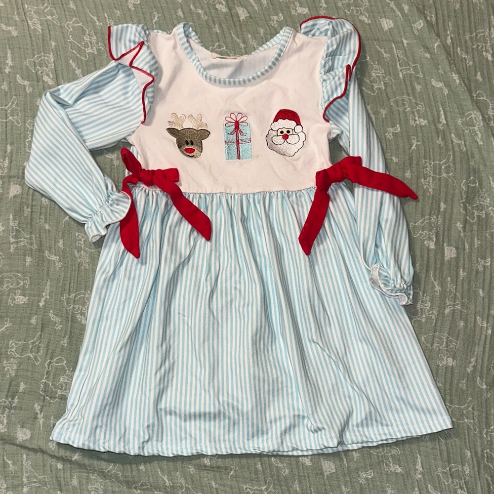 Blue and White Striped Kids Dress with Red Accents
